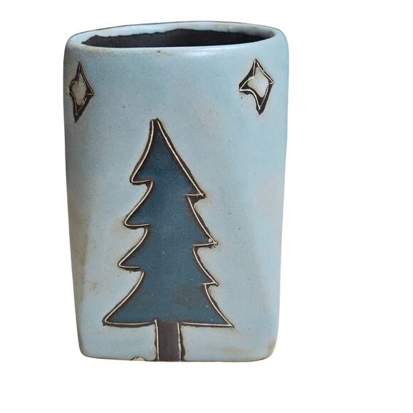 RARE Hand Made Mara Mexico Art Pottery Mug Pine Trees Stars Square Christmas - Picture 2 of 7